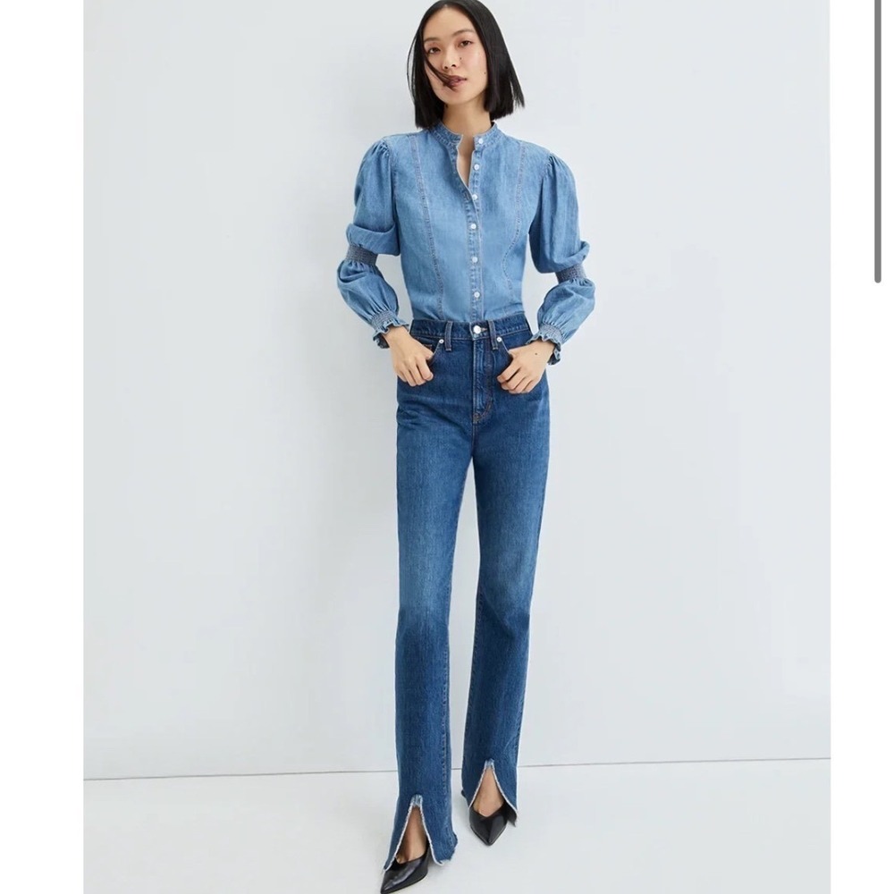 Veronica Beard Keane High Rise Straight Leg Front Slit Jeans Bright Blue 26